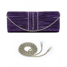 Evening Bag - 12 PCS - Satin Pleated w/ 3 Liner Clear Stone - Purple - BG-EBS1132PL